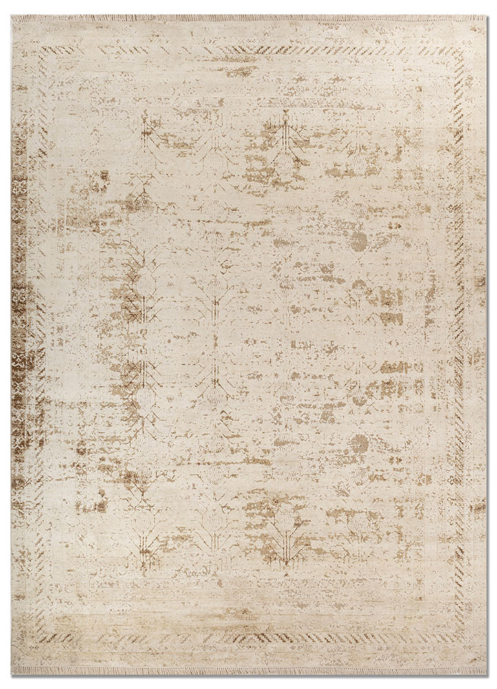 far east ivory wool and silk hand knotted Rug - HeadShot