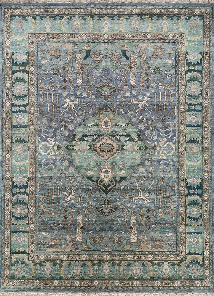 someplace in time blue afghan wool hand knotted Rug - HeadShot