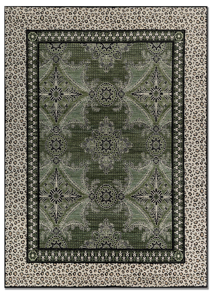 gilded age green afghan wool hand knotted Rug - HeadShot