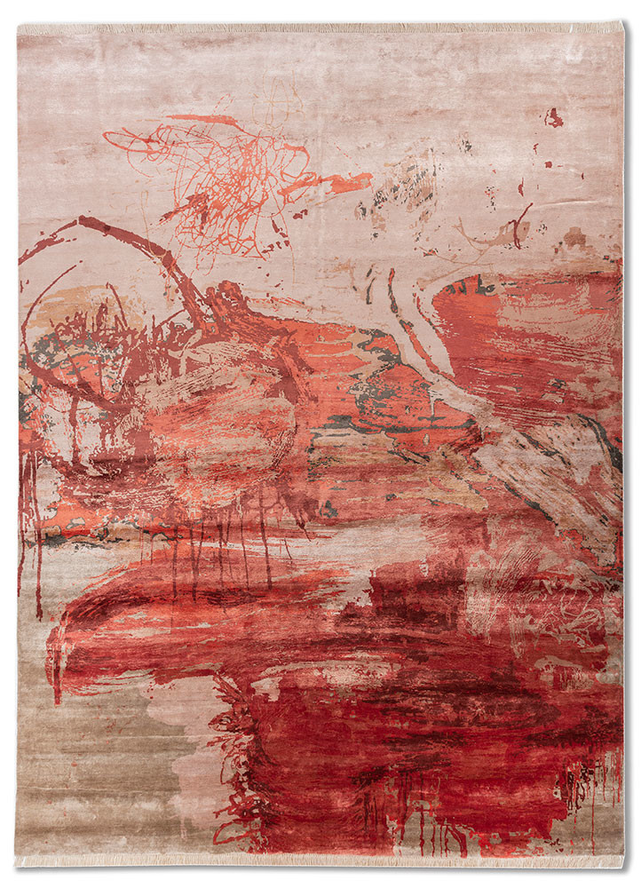 free verse by kavi red and orange bamboo silk hand knotted Rug - HeadShot