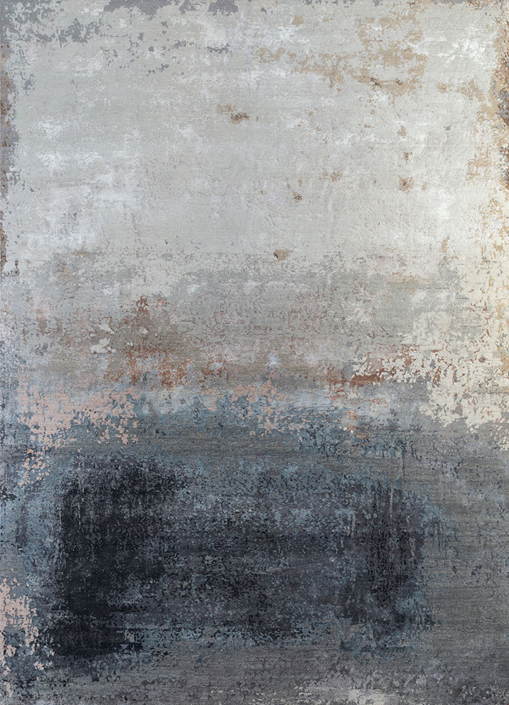 esk-351 antique white/medium gray grey and black wool and bamboo silk hand knotted Rug