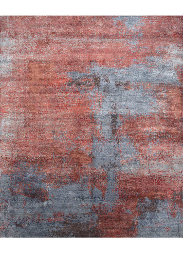  red and orange wool and bamboo silk hand knotted Rug