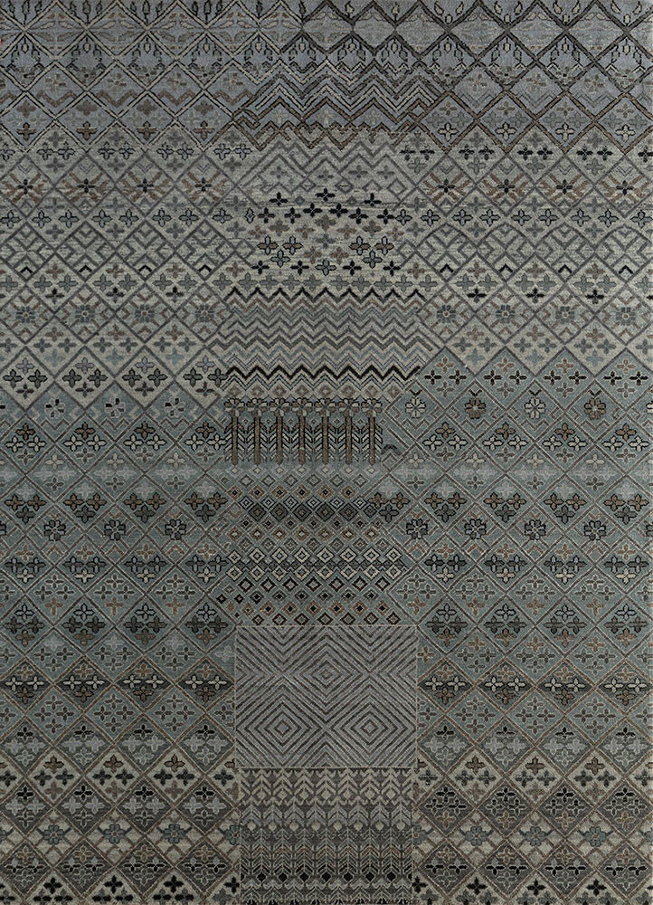 manchaha grey and black wool and bamboo silk hand knotted Rug - HeadShot manchaha grey and black wool and bamboo silk hand knotted Rug - HeadShot