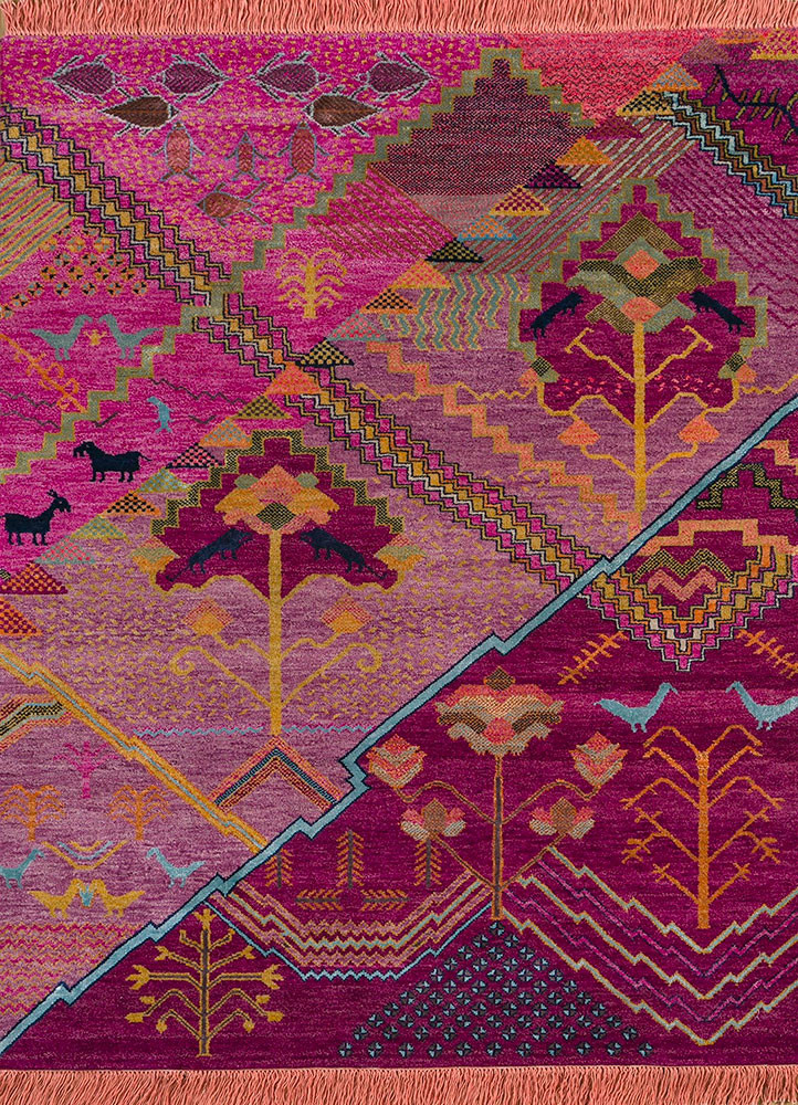 manchaha pink and purple wool and bamboo silk hand knotted Rug - HeadShot manchaha pink and purple wool and bamboo silk hand knotted Rug - HeadShot