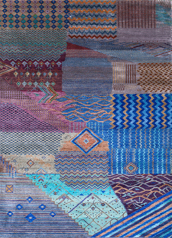 manchaha blue wool and bamboo silk hand knotted Rug - HeadShot