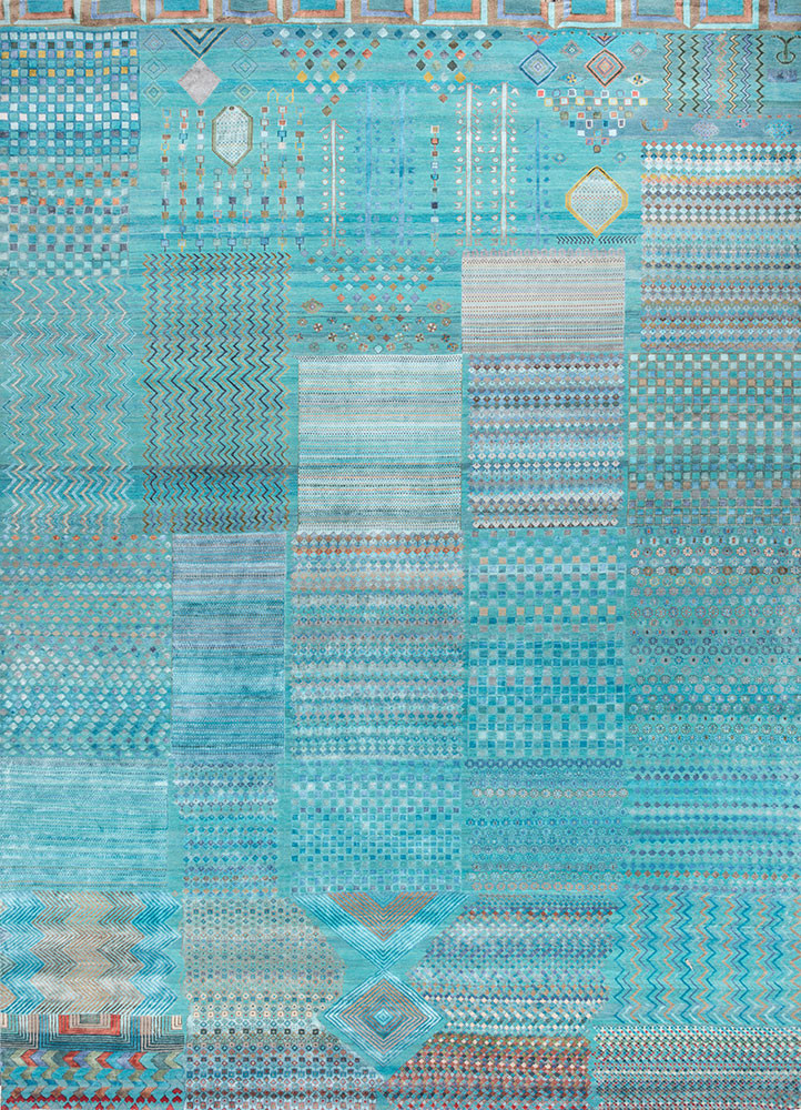 manchaha blue wool and bamboo silk hand knotted Rug - HeadShot