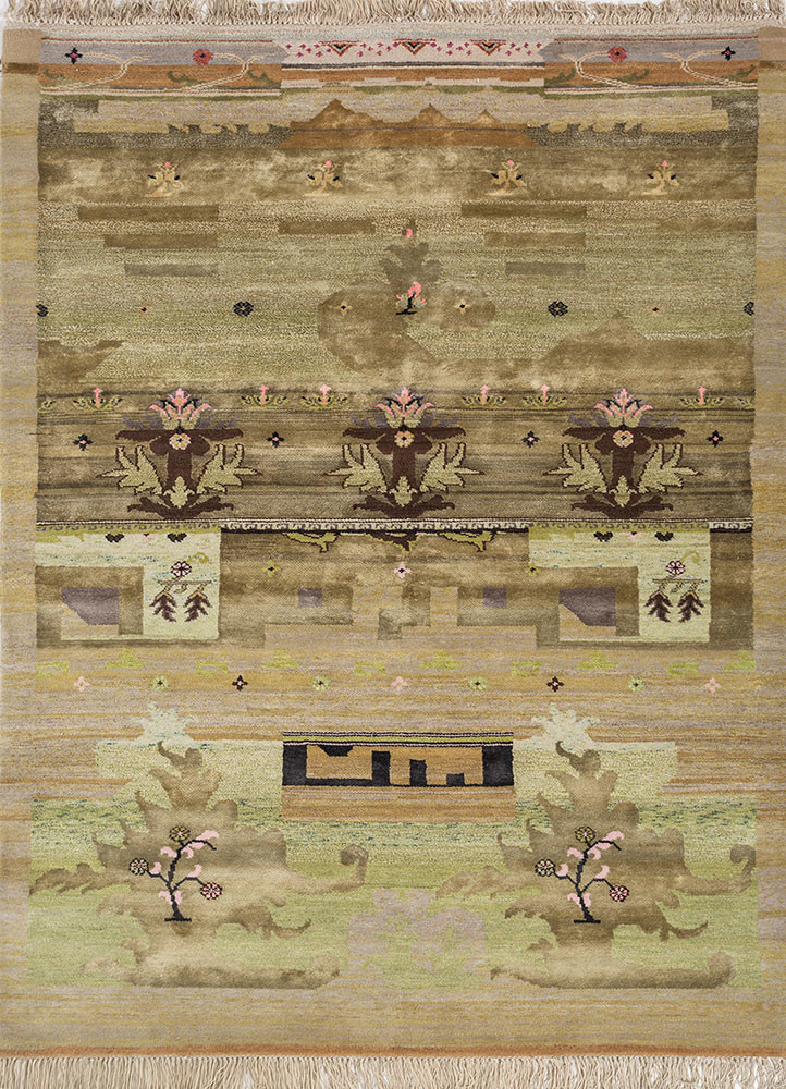 manchaha green wool and bamboo silk hand knotted Rug - HeadShot