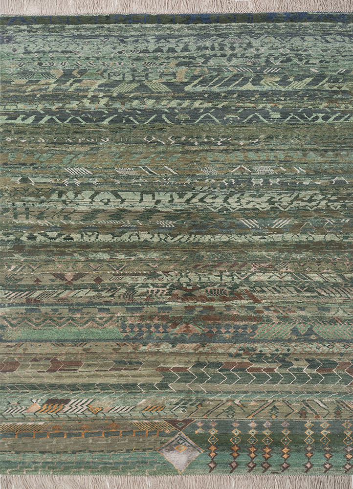 manchaha green wool and bamboo silk hand knotted Rug - HeadShot