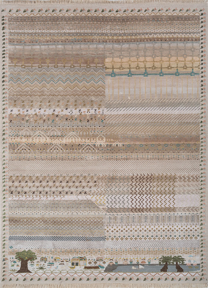 manchaha ivory wool and bamboo silk hand knotted Rug - HeadShot