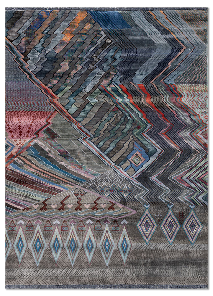 manchaha grey and black wool and bamboo silk hand knotted Rug - HeadShot manchaha grey and black wool and bamboo silk hand knotted Rug - HeadShot