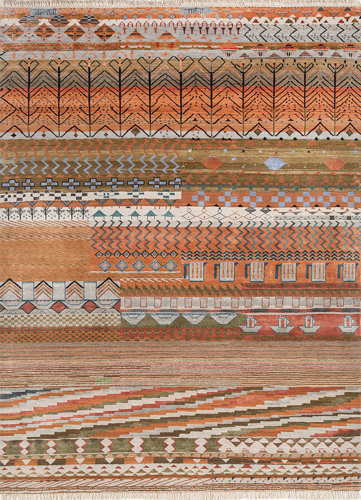 manchaha red and orange wool and bamboo silk hand knotted Rug - HeadShot manchaha red and orange wool and bamboo silk hand knotted Rug - HeadShot