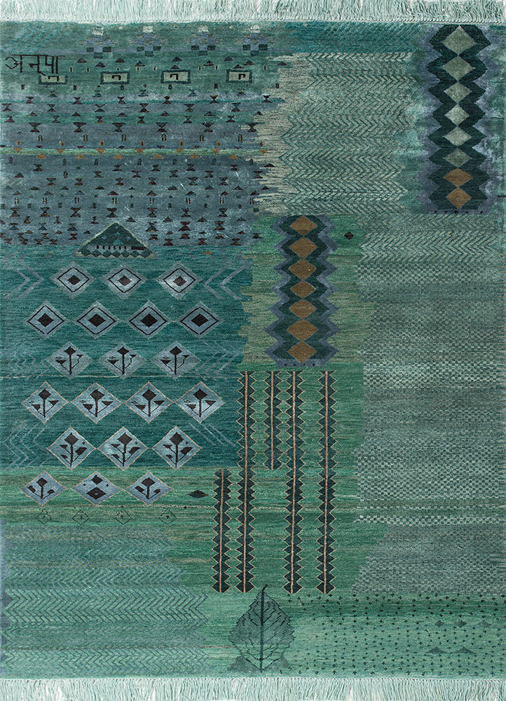 manchaha green wool and bamboo silk hand knotted Rug - HeadShot manchaha green wool and bamboo silk hand knotted Rug - HeadShot