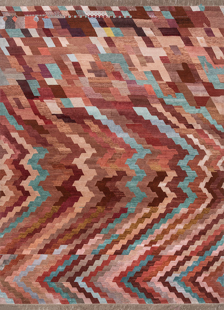 manchaha red and orange wool and bamboo silk hand knotted Rug - HeadShot manchaha red and orange wool and bamboo silk hand knotted Rug - HeadShot