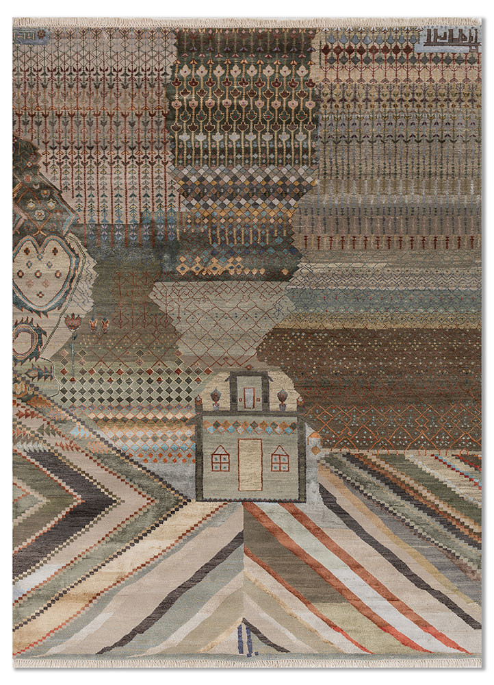 manchaha green wool and bamboo silk hand knotted Rug - HeadShot