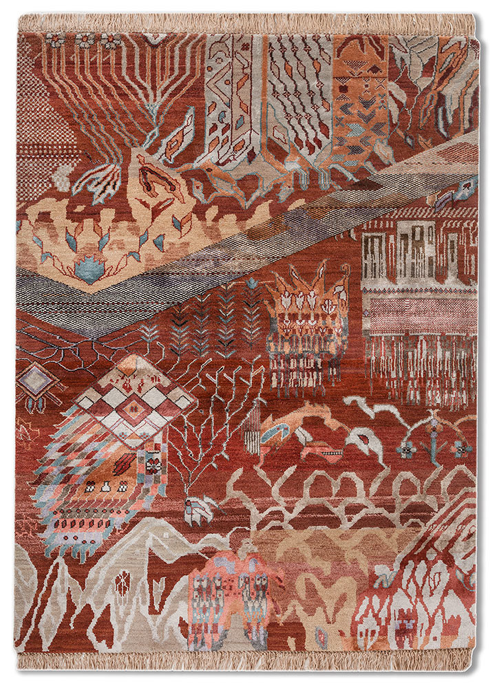 manchaha red and orange wool and bamboo silk hand knotted Rug - HeadShot manchaha red and orange wool and bamboo silk hand knotted Rug - HeadShot