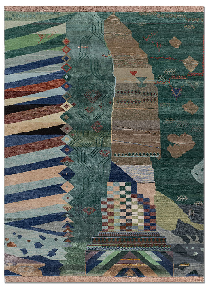 manchaha green wool and bamboo silk hand knotted Rug - HeadShot