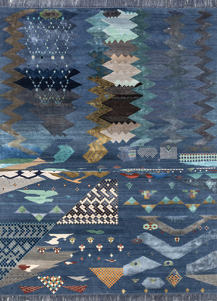 freedom manchaha blue wool and silk hand knotted Rug - HeadShot freedom manchaha blue wool and silk hand knotted Rug - HeadShot