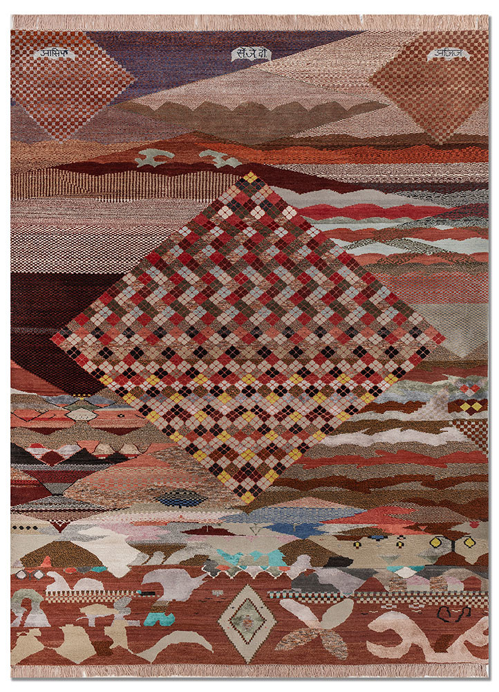 freedom manchaha red and orange wool and bamboo silk hand knotted Rug - HeadShot
