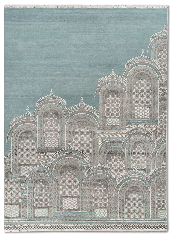 blue blue wool and bamboo silk hand knotted Rug