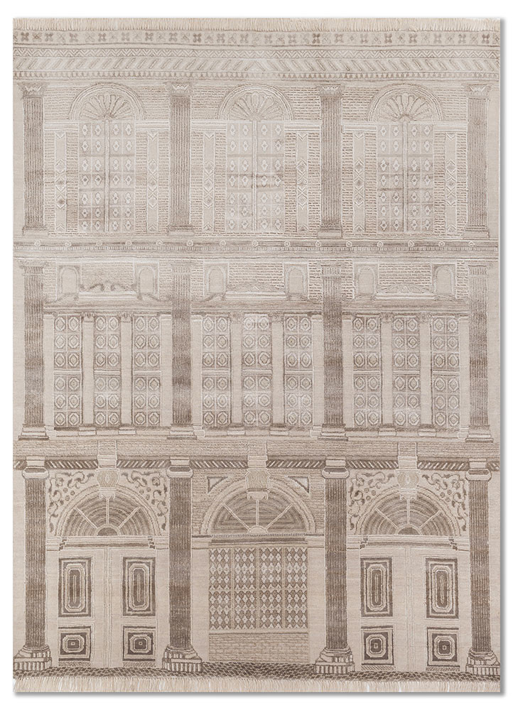 khidki ivory wool and bamboo silk hand knotted Rug - HeadShot