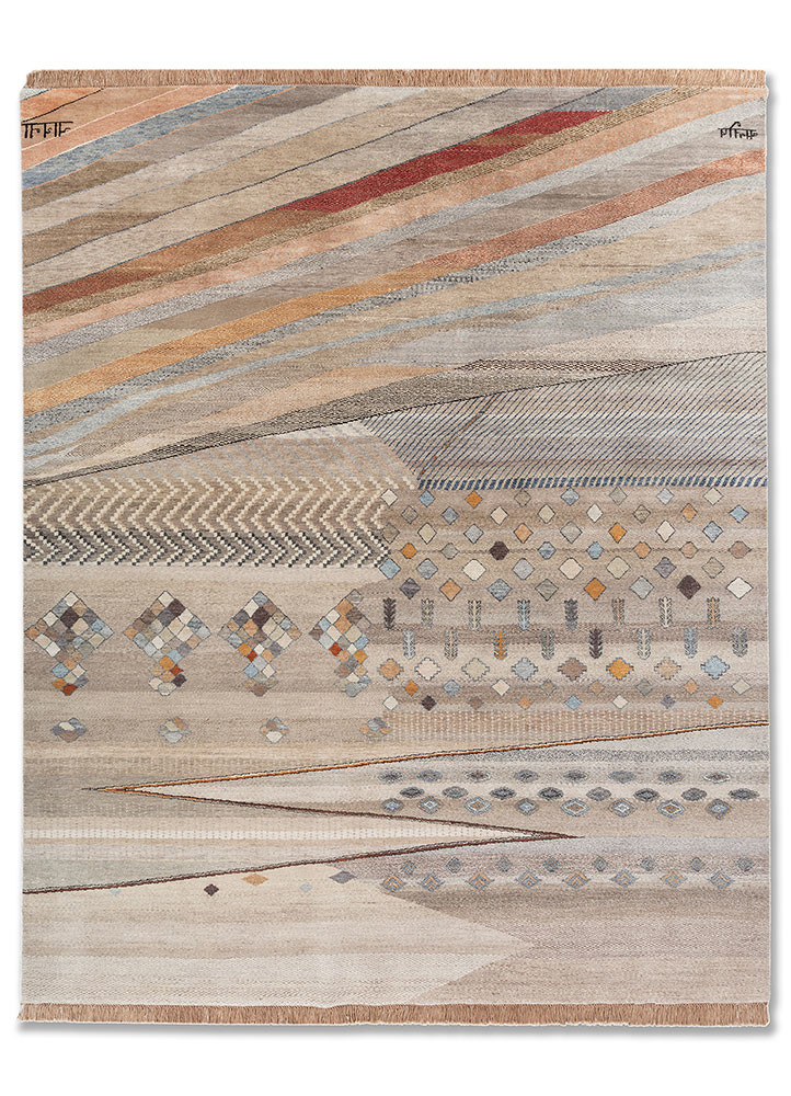 manchaha beige and brown wool and silk hand knotted Rug - HeadShot manchaha beige and brown wool and silk hand knotted Rug - HeadShot