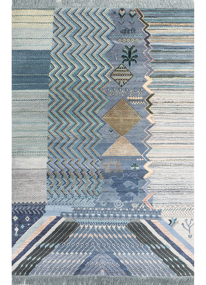 manchaha blue wool and silk hand knotted Rug - HeadShot manchaha blue wool and silk hand knotted Rug - HeadShot