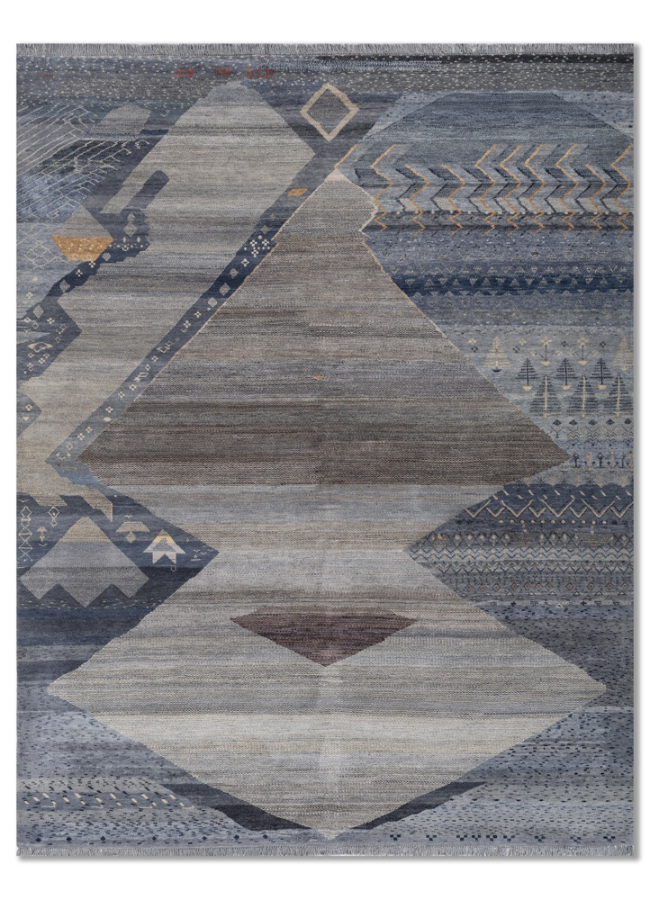 freedom manchaha blue wool and silk hand knotted Rug - HeadShot