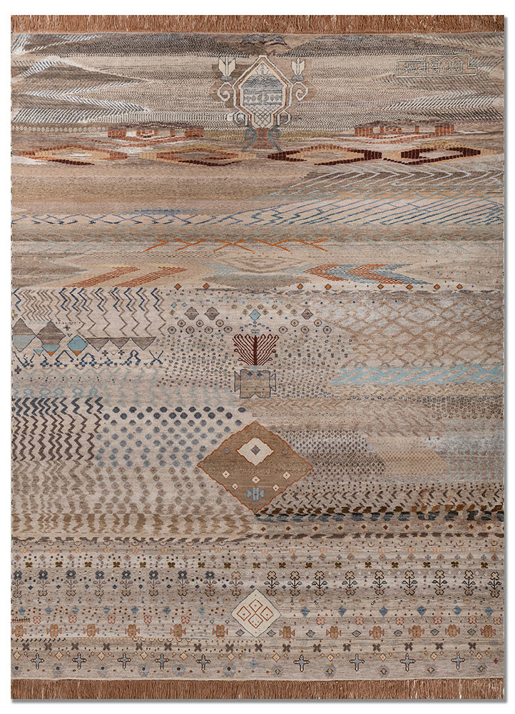 freedom manchaha beige and brown wool and silk hand knotted Rug - HeadShot