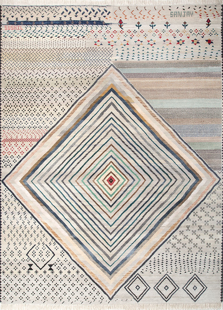 freedom manchaha ivory wool and silk hand knotted Rug - HeadShot