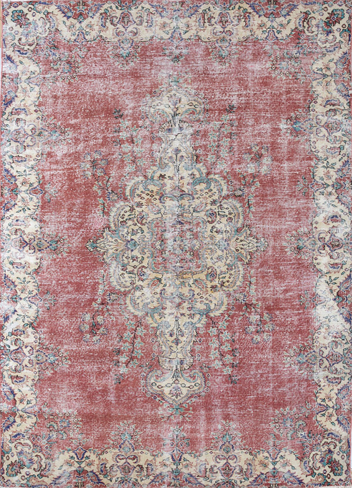 vintage red and orange wool hand knotted Rug - HeadShot