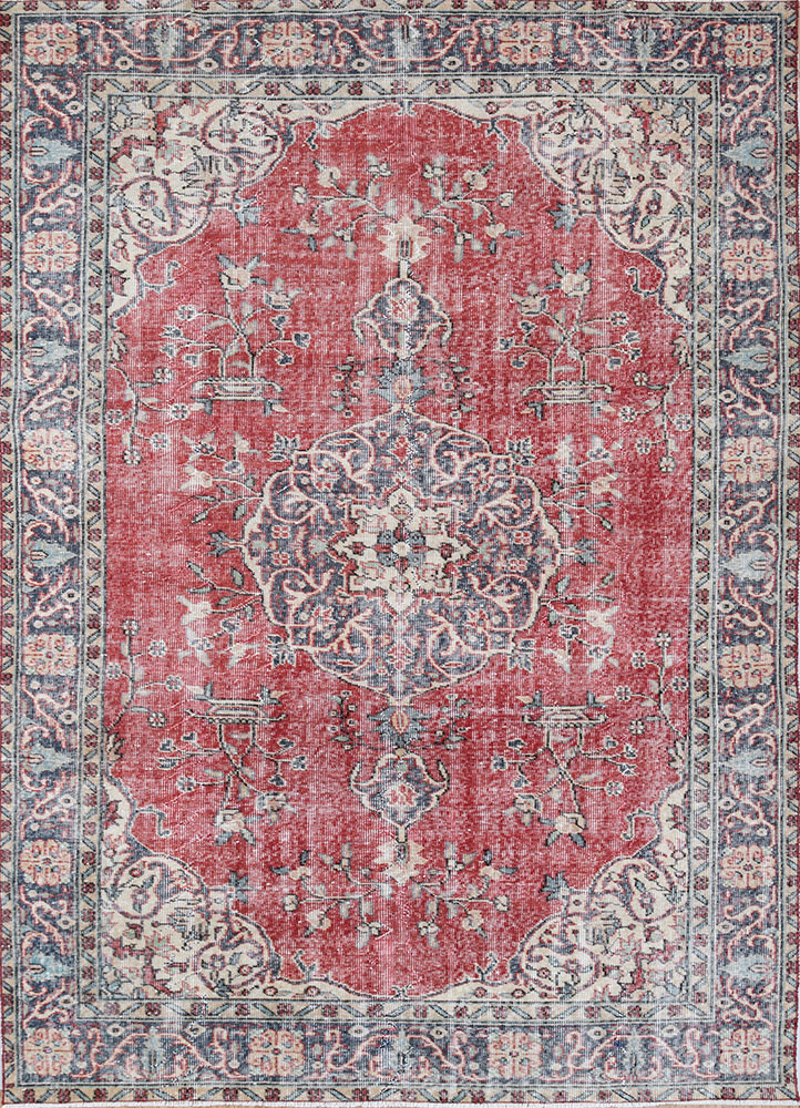 vintage red and orange wool hand knotted Rug - HeadShot