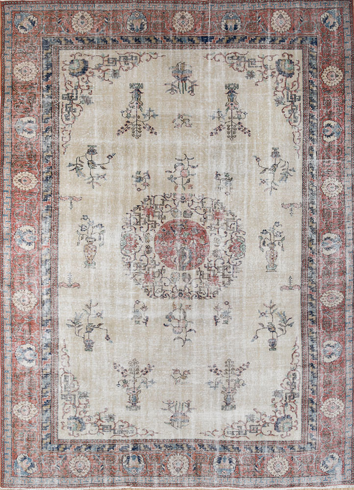 vintage beige and brown wool hand knotted Rug - HeadShot vintage beige and brown wool hand knotted Rug - HeadShot