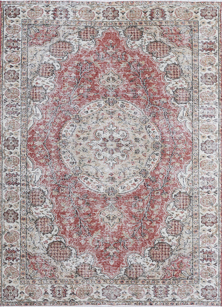 vintage red and orange wool hand knotted Rug - HeadShot