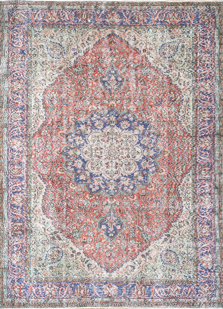 vintage red and orange wool hand knotted Rug - HeadShot