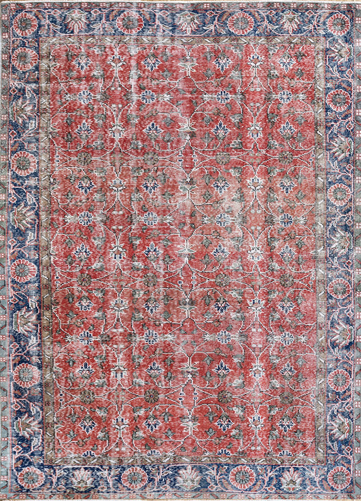 vintage red and orange wool hand knotted Rug - HeadShot