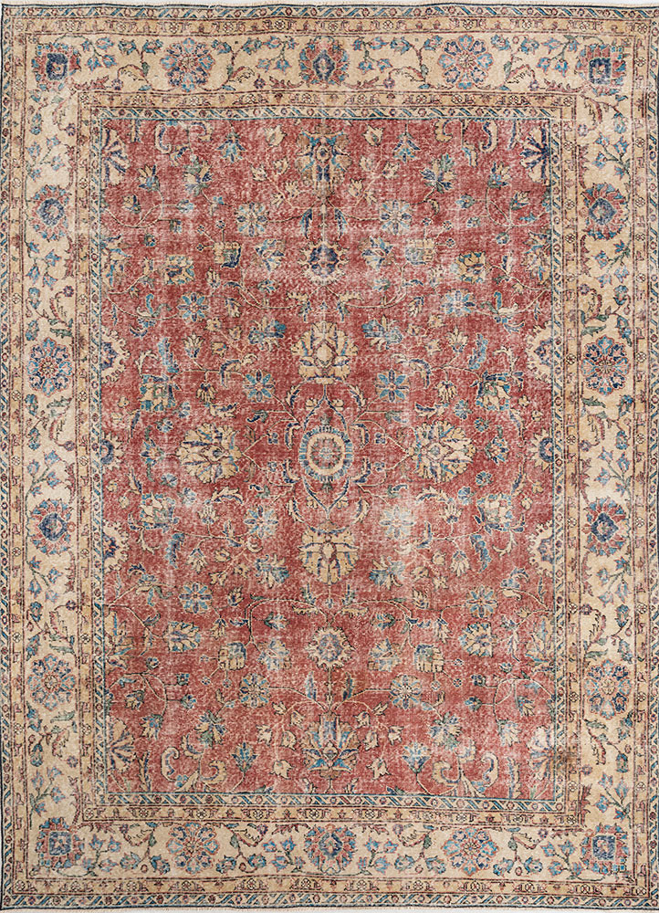vintage red and orange wool hand knotted Rug - HeadShot