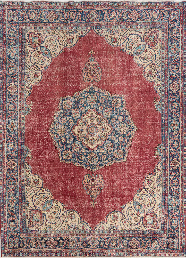 vintage red and orange wool hand knotted Rug - HeadShot