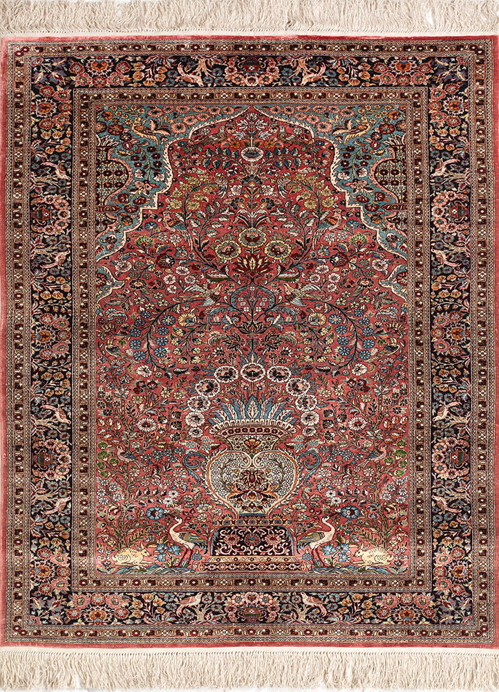 gulmarg red and orange silk hand knotted Rug - HeadShot