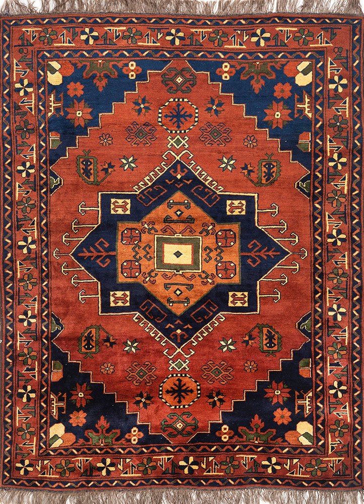 aalam red and orange wool hand knotted Rug - HeadShot