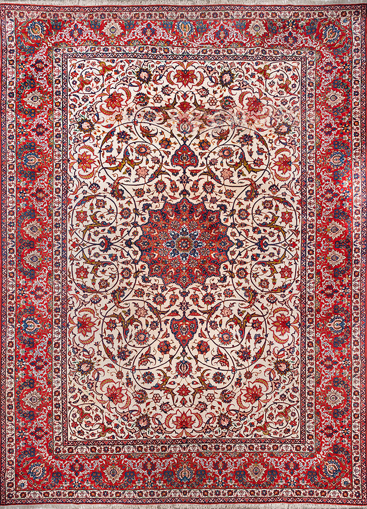 aalam red and orange wool hand knotted Rug - HeadShot