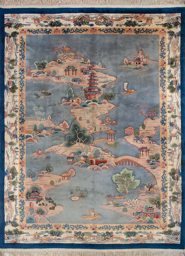 pechino blue wool hand knotted Rug - HeadShot