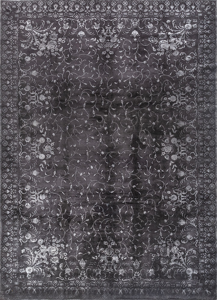 azalea grey and black wool and silk hand knotted Rug - HeadShot