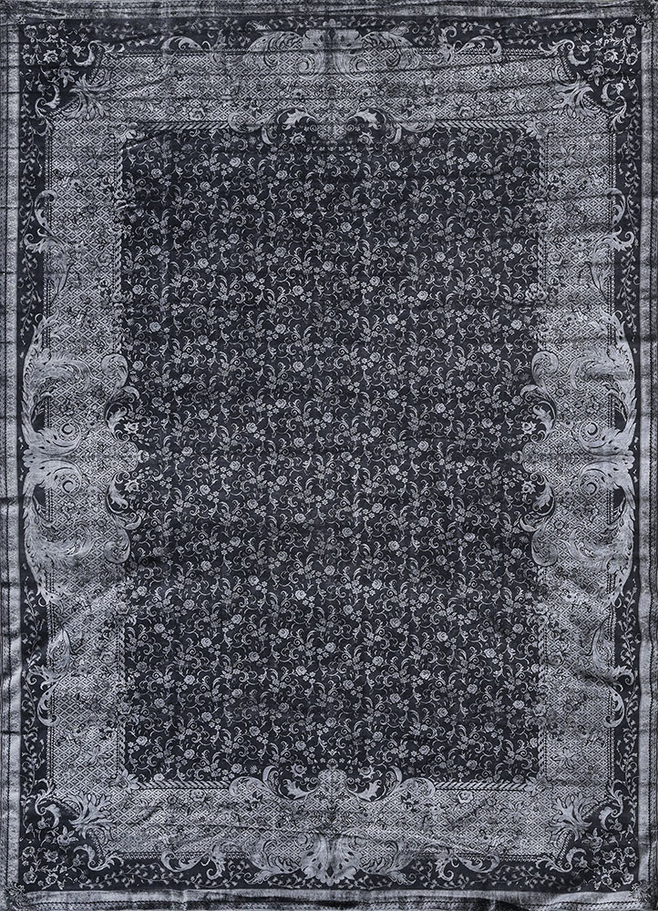 aurora grey and black wool and silk hand knotted Rug - HeadShot