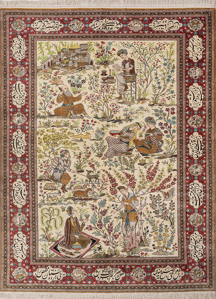 gulmarg red and orange silk hand knotted Rug - HeadShot