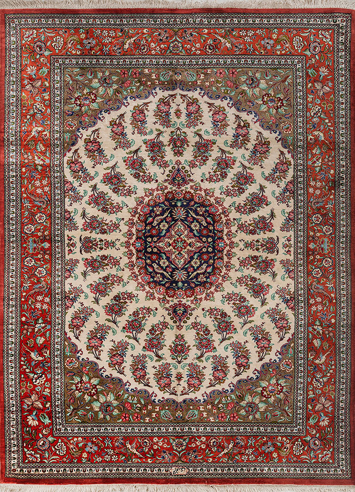 gulmarg red and orange silk hand knotted Rug - HeadShot