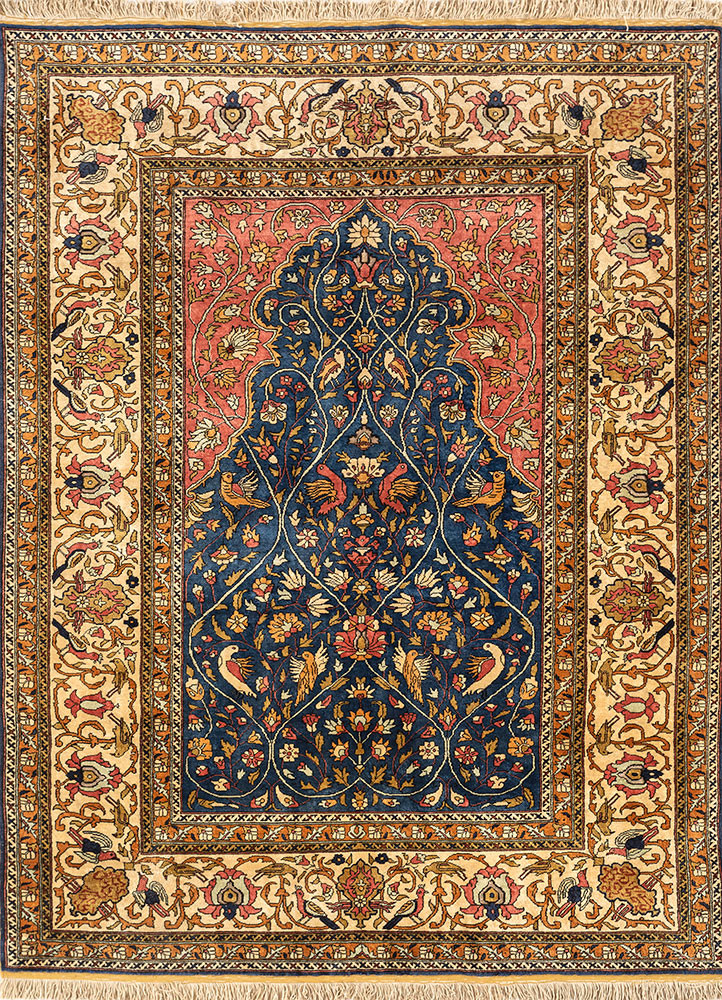 aalam red and orange bamboo silk and zari hand knotted Rug - HeadShot