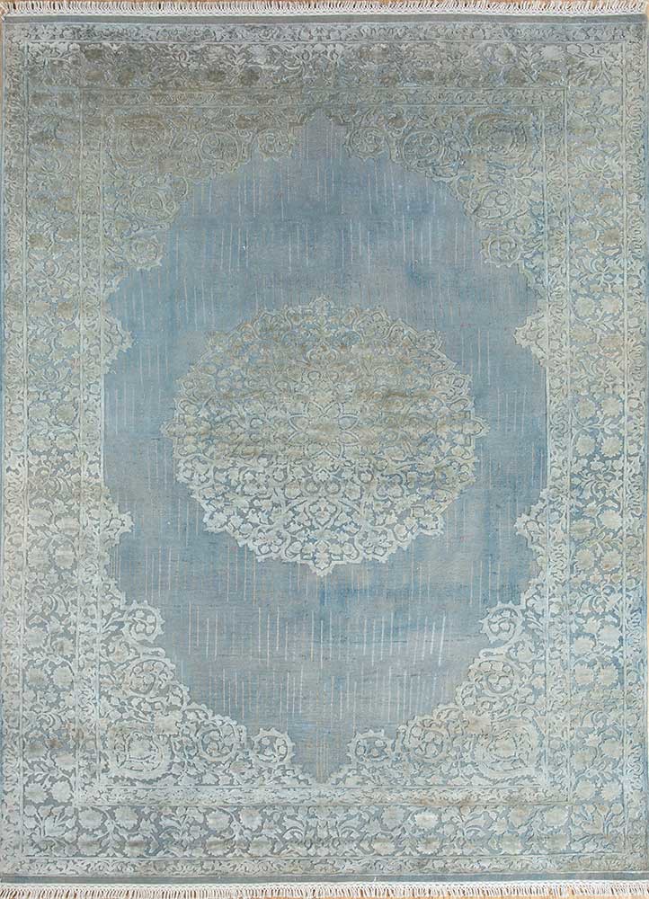 aurora blue wool and silk hand knotted Rug - HeadShot