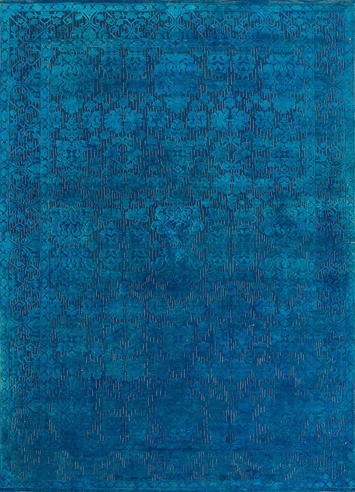 aurora blue wool and silk hand knotted Rug - HeadShot