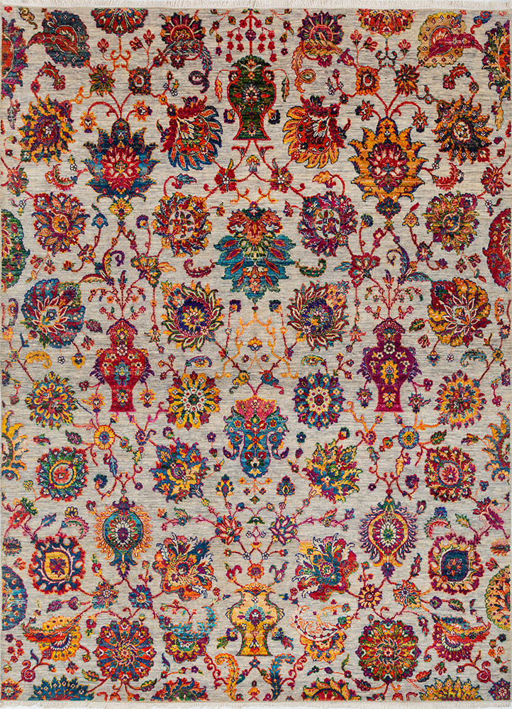 aurora red and orange wool and silk hand knotted Rug - HeadShot