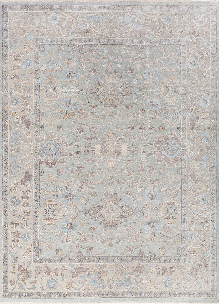 aurora blue wool and silk hand knotted Rug - HeadShot